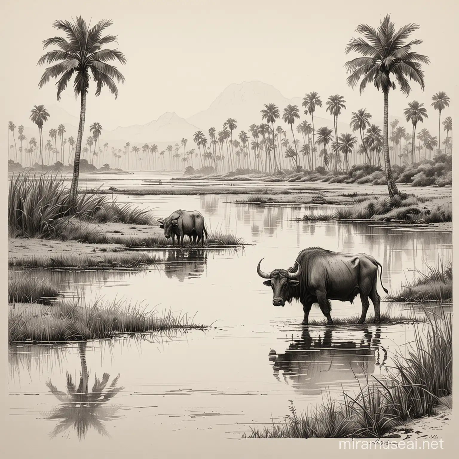 water buffalo, marshes, palm trees, sketch art, clean and simple art