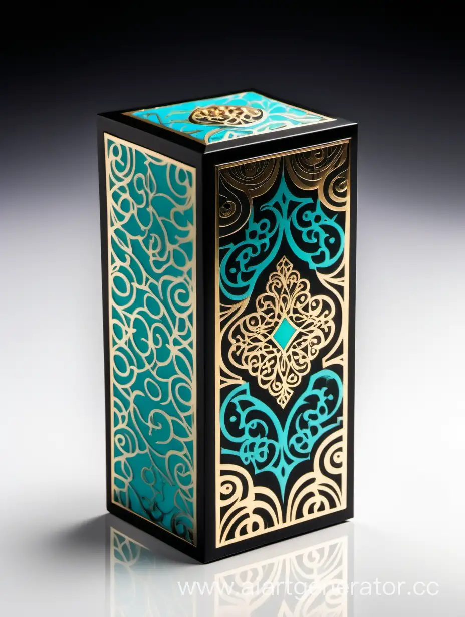 Dark dark matt black and gold Turquoise  luxury perfume rectangle vertical box 75% lines with arabesque pattern on white background