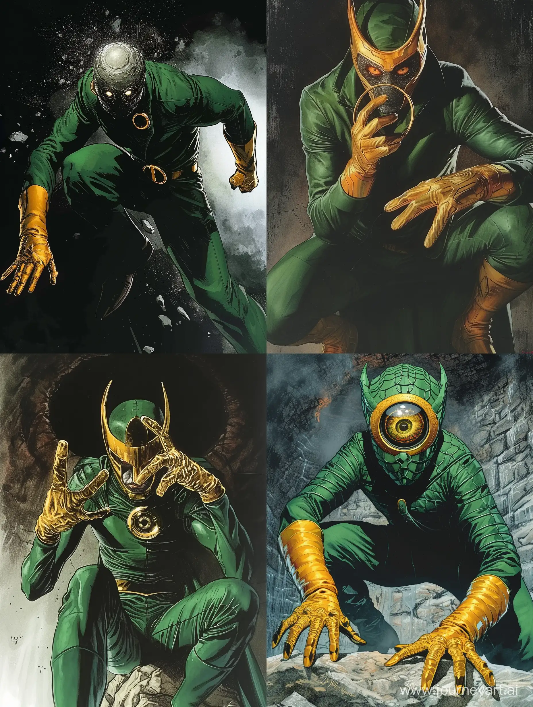 Cover of comics book, action pose, dark lord, green suit, gold gloves, ring form head, sauron eye, marvel comics style
