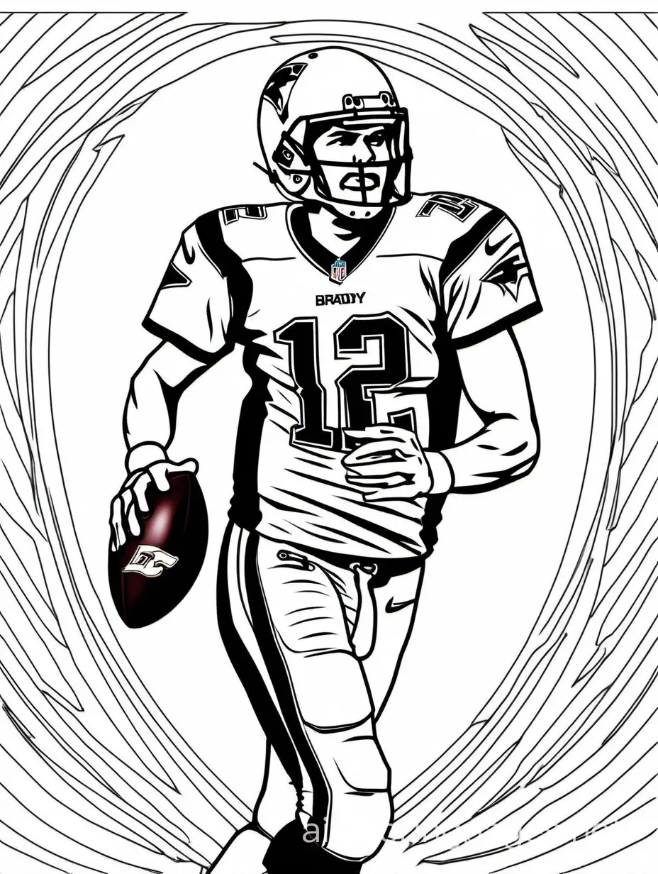 tom brady poster, Coloring Page, black and white, line art, white background, Simplicity, Ample White Space. The background of the coloring page is plain white to make it easy for young children to color within the lines. The outlines of all the subjects are easy to distinguish, making it simple for kids to color without too much difficulty
