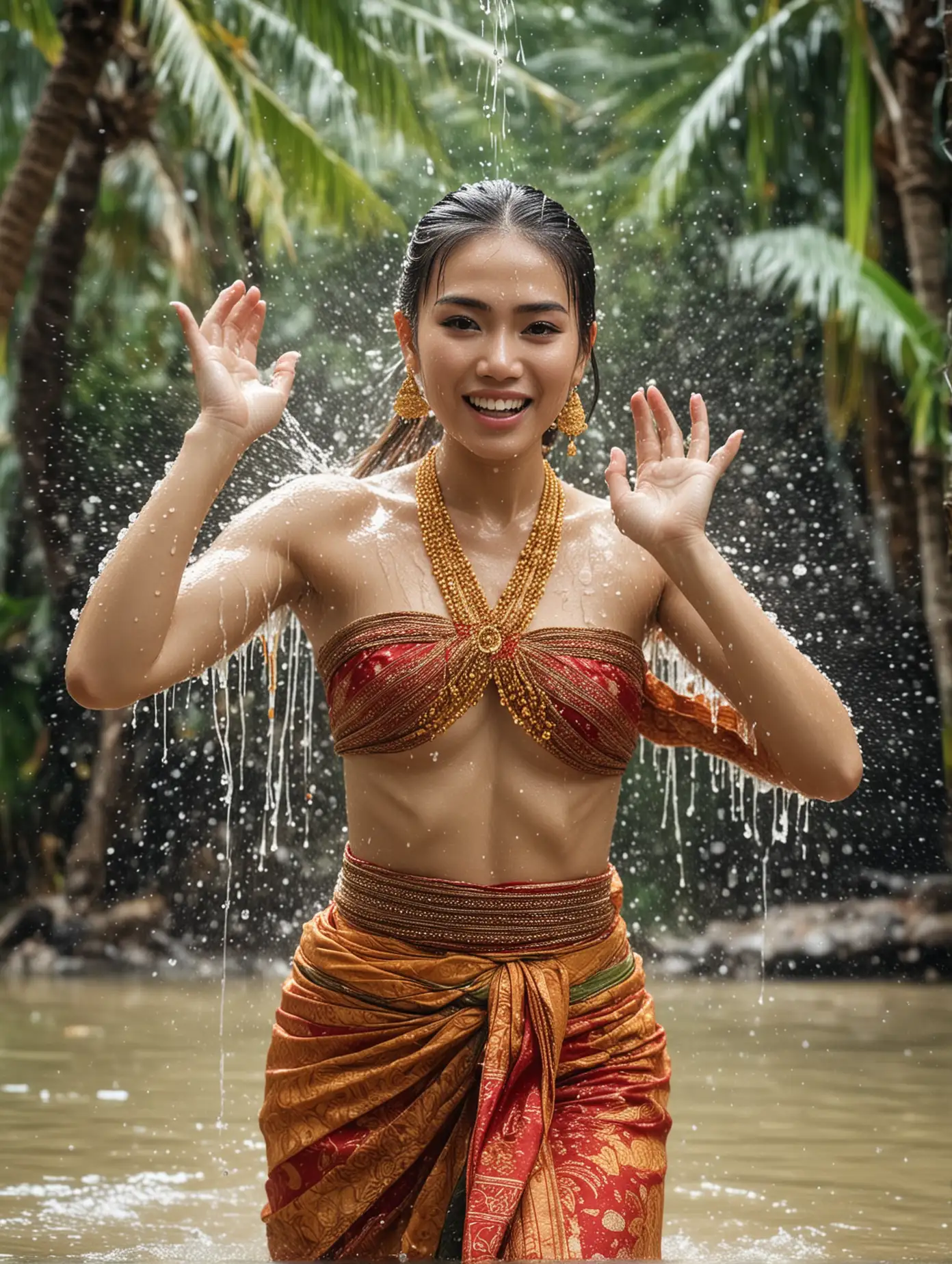 Thai model, dressed in traditional Thai clothes, with a strong festive atmosphere, holding water and attacking, facing the camera, water splashing violently in front of the camera, splashing water on each other while celebrating the New Year, water droplets splashing on the face, exquisite facial features, Thai water splashing scene, coconut trees in the background, strong lens sense, full-body shooting
