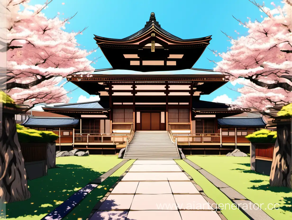 anime style symetrical wide brown japanese temple wide frontyard between sakura garden at bright day blue sky