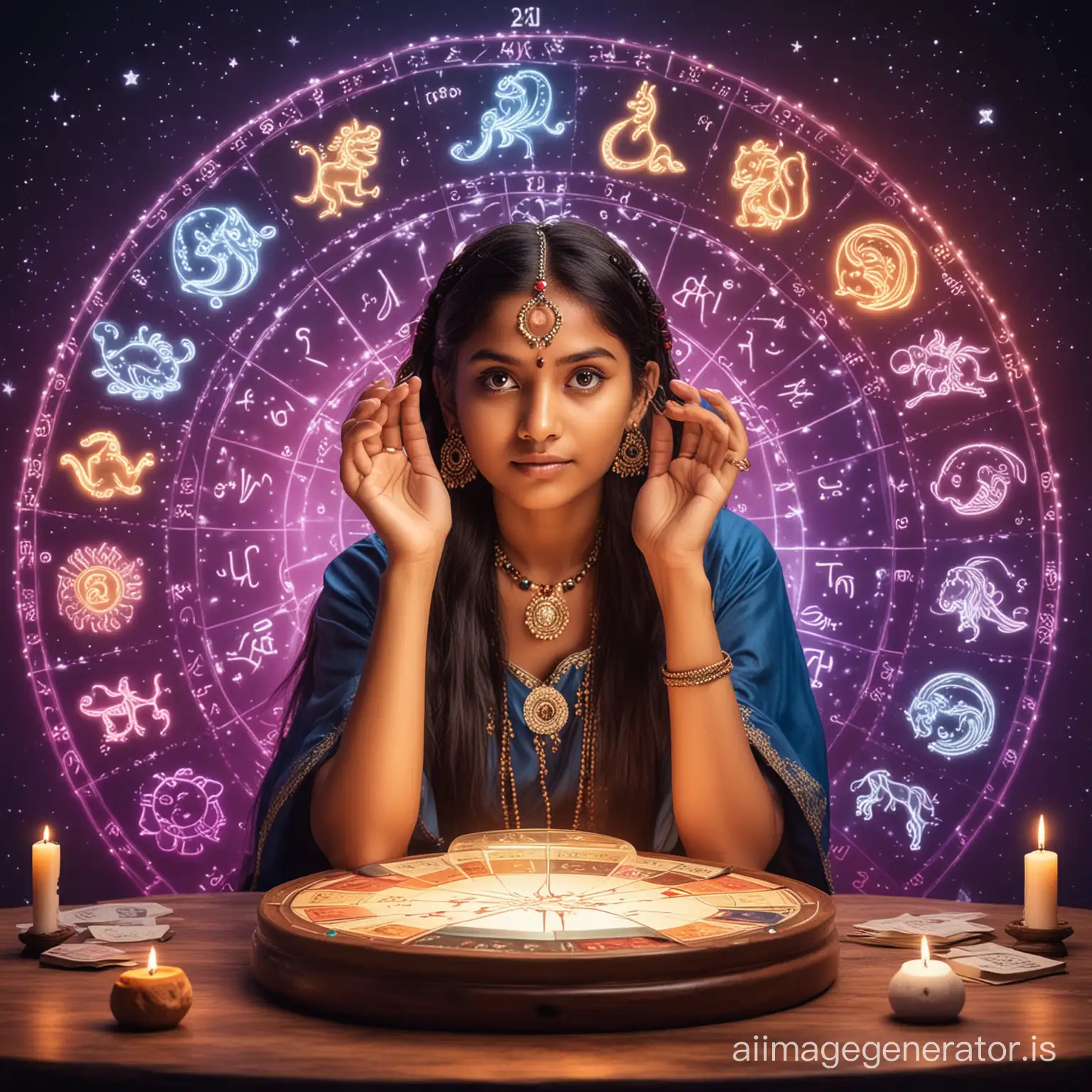 Young Indian female fortune teller, 12 zodiac signs, bright future