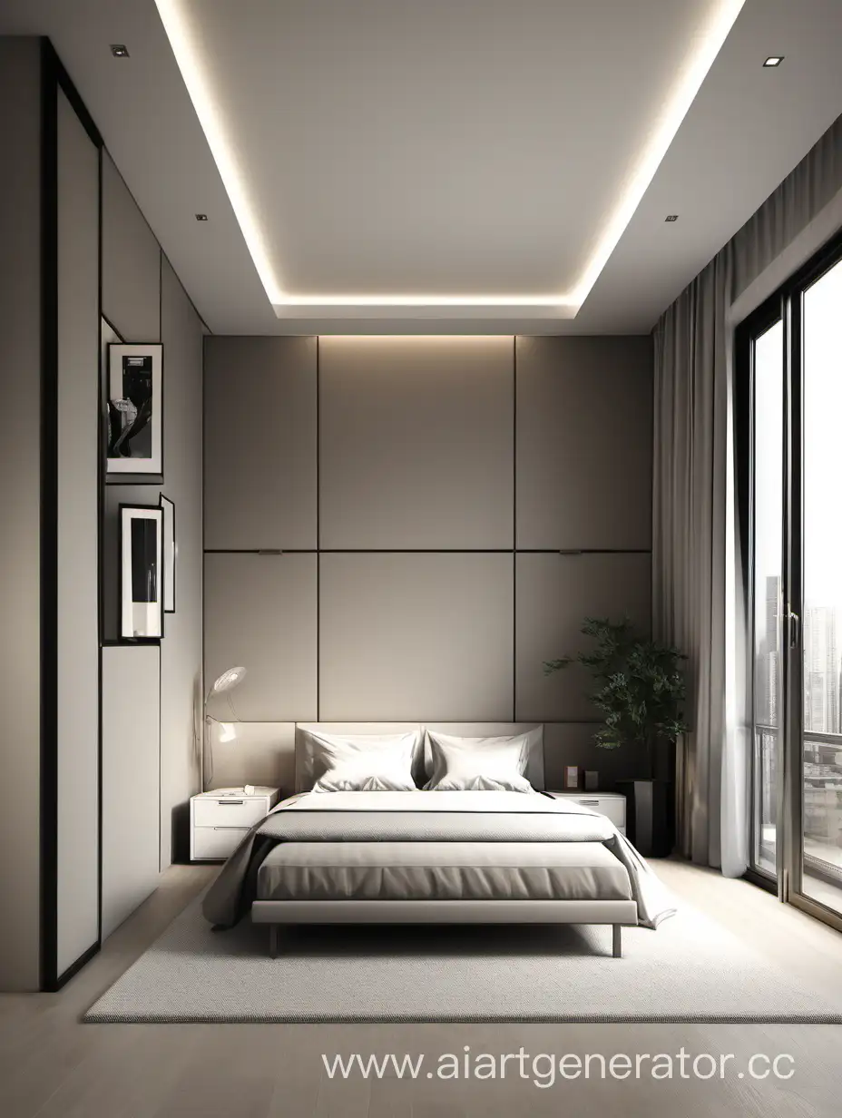 3d model of a bedroom with modern minimalistic design 12 meters and with a floor-to-ceiling window