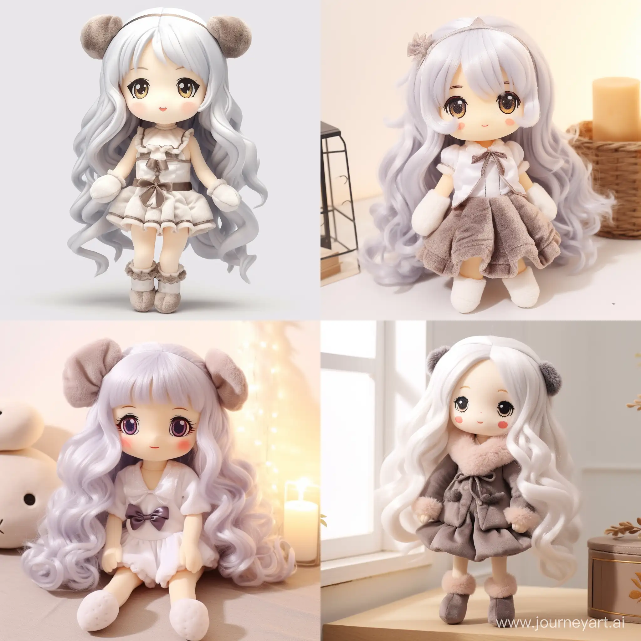 anime little girl white grey plush toy in hand at full height white hair