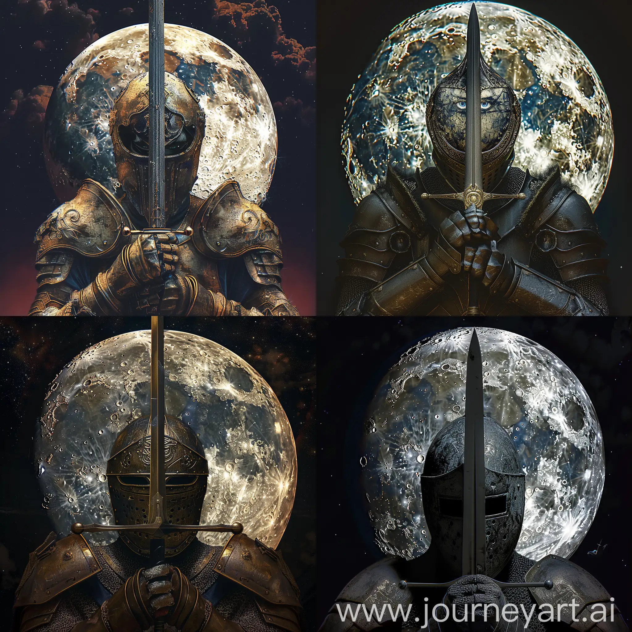 a moon with a fantasy knight in it, the knight brings a sword in front of his face watching right through his weapon
