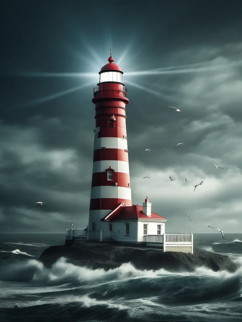 Majestic Lighthouse Illuminated Against Twilight Sky