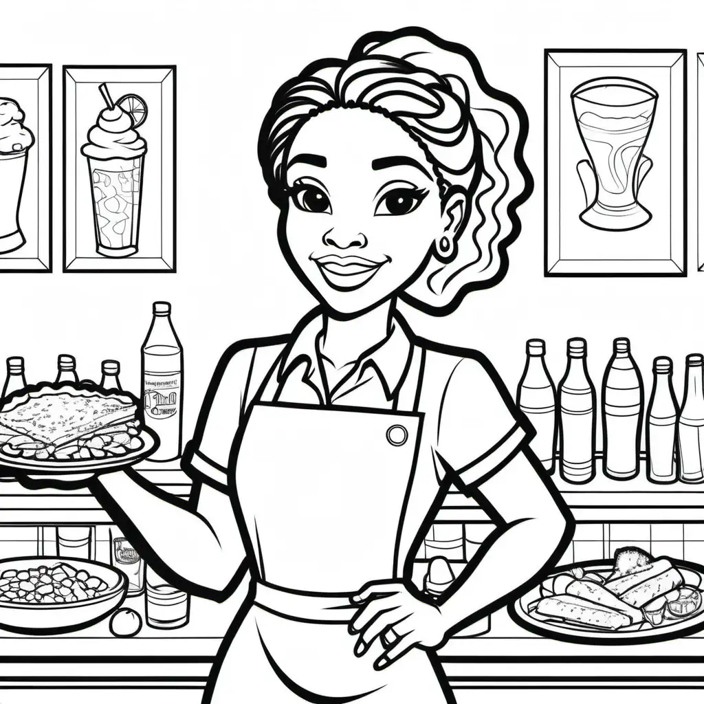 kids colouring page, simple, outline no colour, black lines white background, crisp, african-american, female, waitress