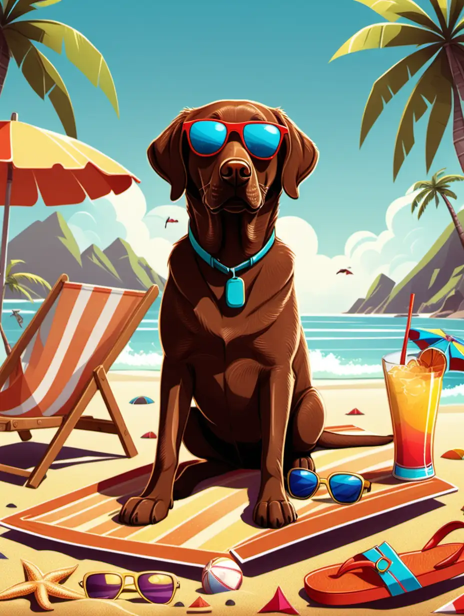 a cartoon character brown labrador retriever with sunglasses and flip flops on, laying at the beach with beach umbrellas and tropical drinks, vibrant color, in the style of Steven Spielberg