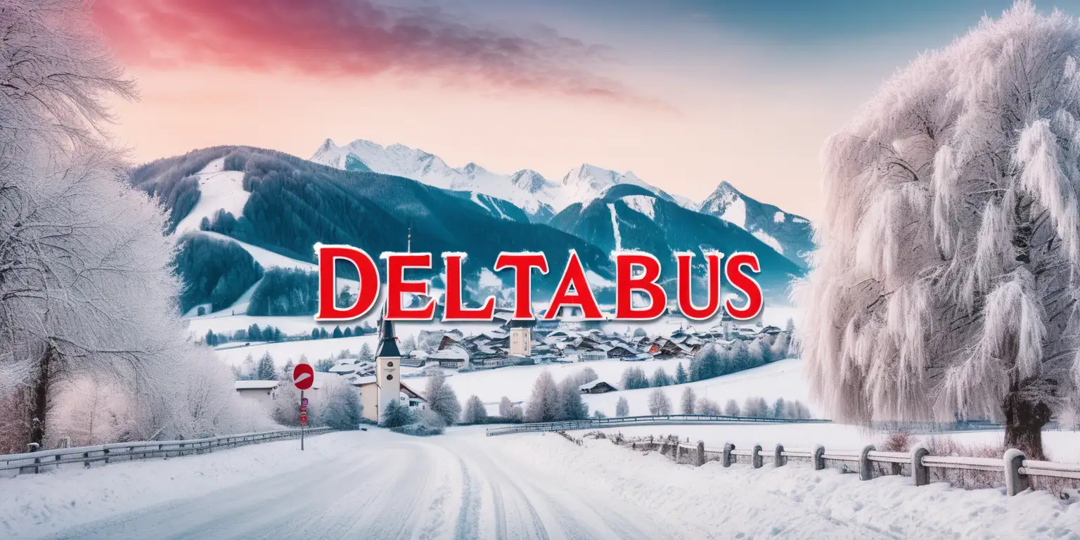 winter landscape in Austria, town sign with the name DELTABUS, high Resolution 4k, lady in red 