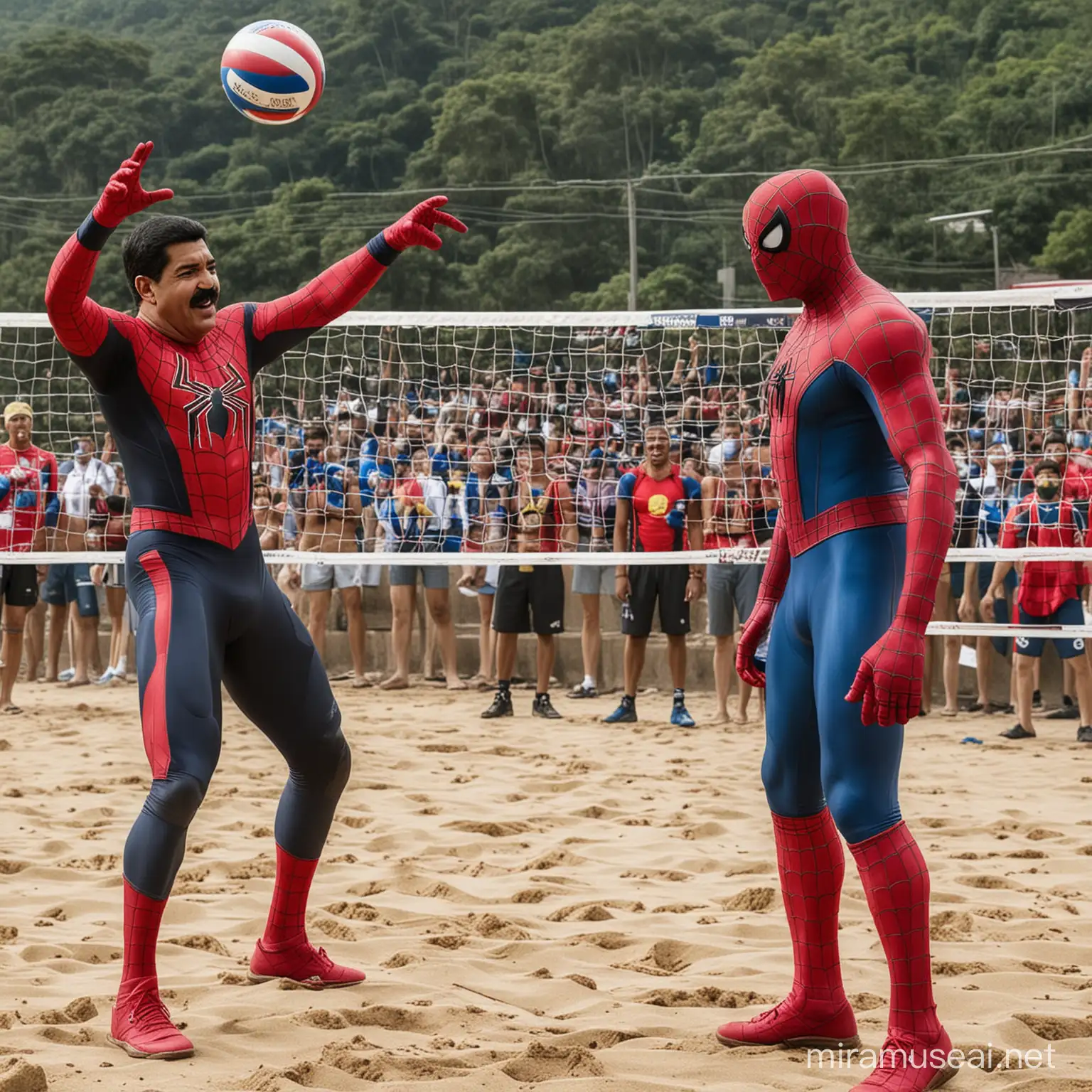 Nicols Maduro and Spiderman Volleyball Match Unlikely Duo Spikes Fun