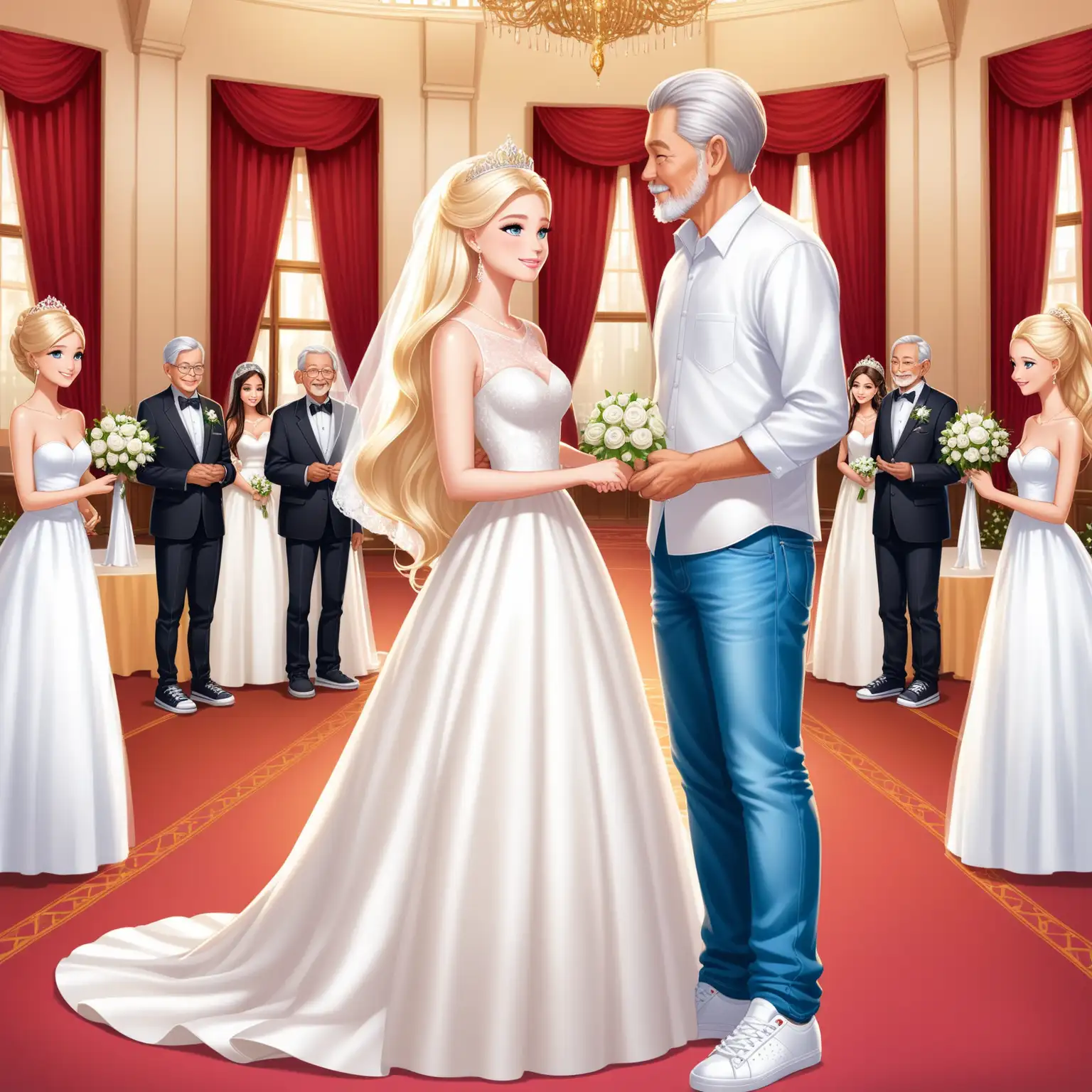 Romantic Wedding Vows at Town Hall Reception Young Barbie Bride and Elderly Andean Groom