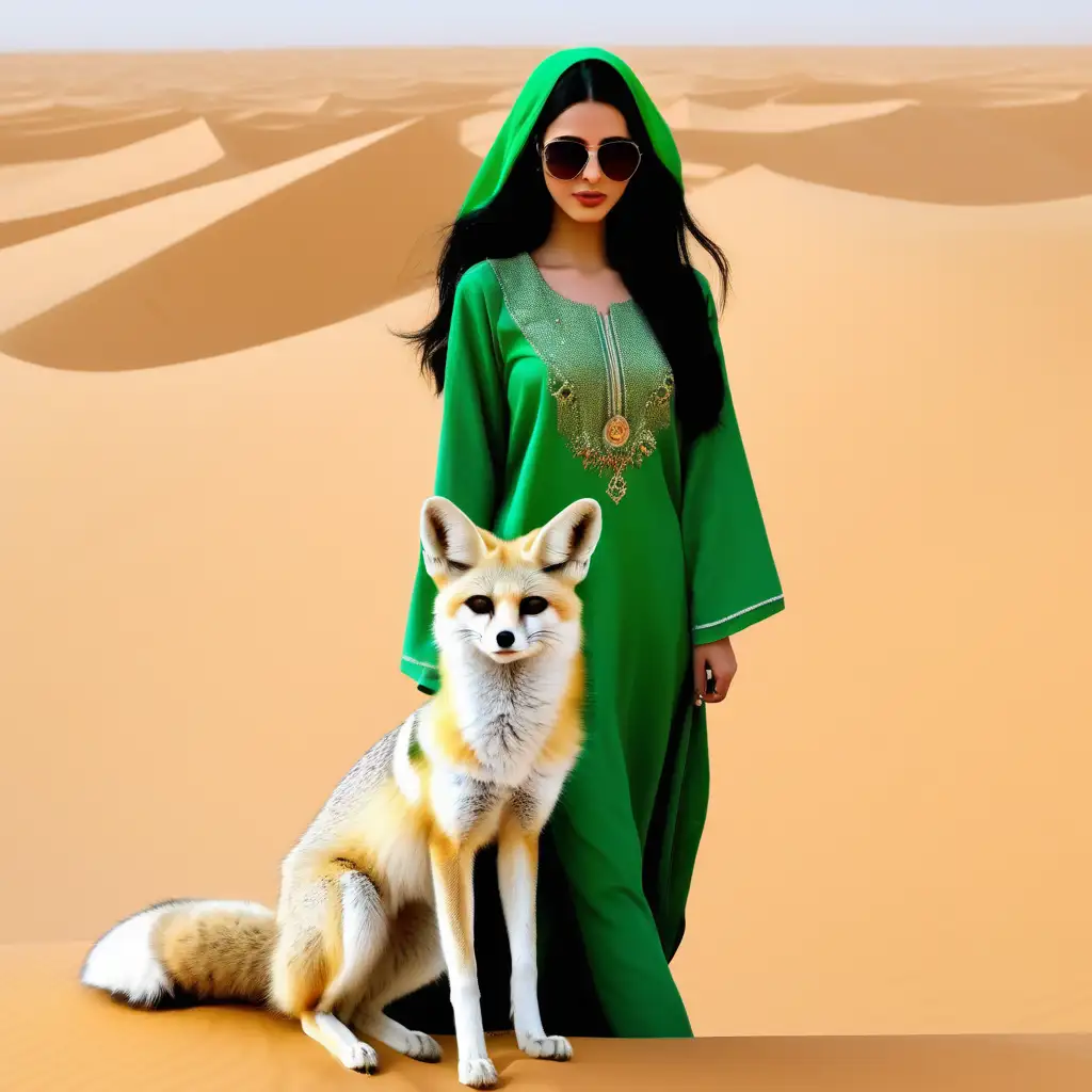 Stylish Algerian Woman in Traditional Green Dress with Fennec Sand Fox
