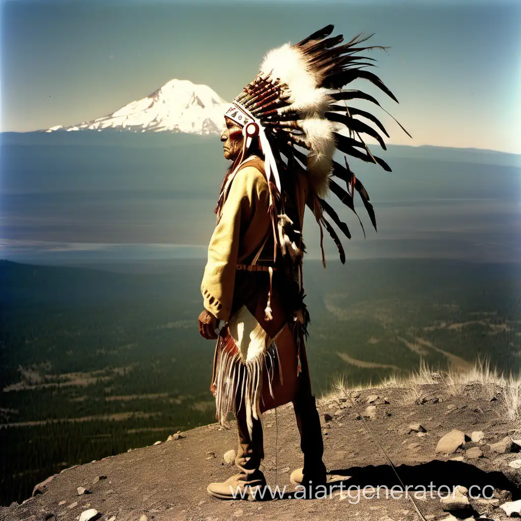 whispy, ghostly,  great spirit of  klamath indian chief, wearing feathered war bonnet, dressed in buckskins,  standing on top of mt mazama, looking towards mt shasta in the distance, color photo