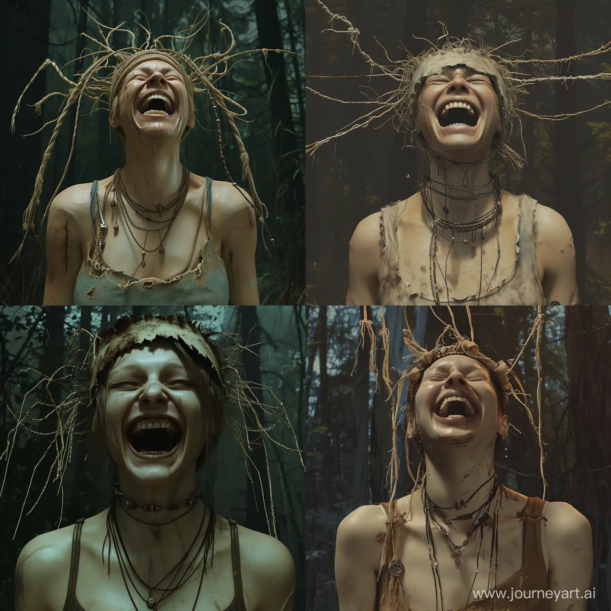 A realistic high detailed of a  woman Witch laughing crazy laugh, with strands sticking out around the headband. The background is a dark forest. The person's shoulders and upper chest are visible  wearing a tank top or similar garment with thin straps. There are some necklaces around the person’s neck, adding detail to the otherwise simple presentation
