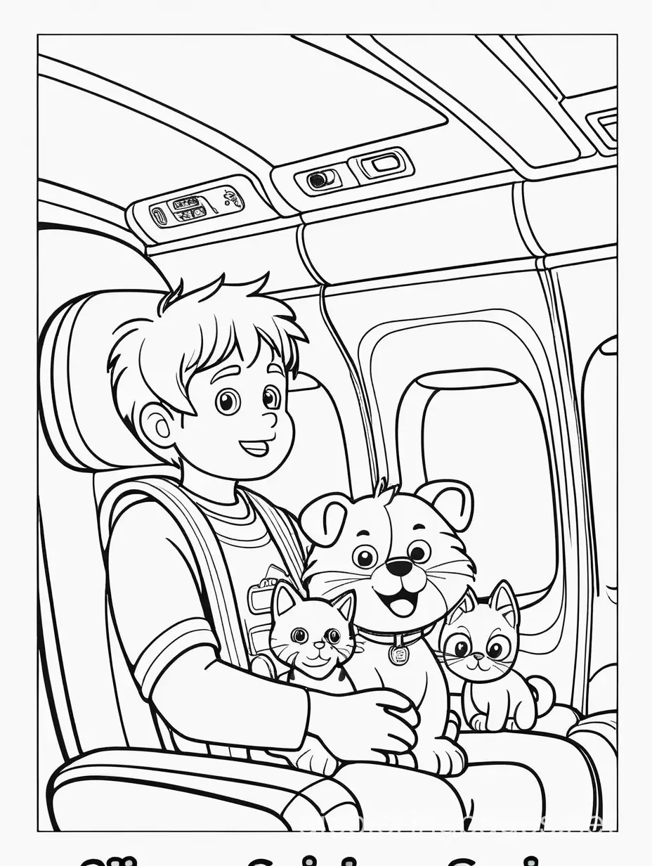 boy and a cat and a dog on an airplane, Coloring Page, black and white, line art, white background, Simplicity, Ample White Space. The background of the coloring page is plain white to make it easy for young children to color within the lines. The outlines of all the subjects are easy to distinguish, making it simple for kids to color without too much difficulty