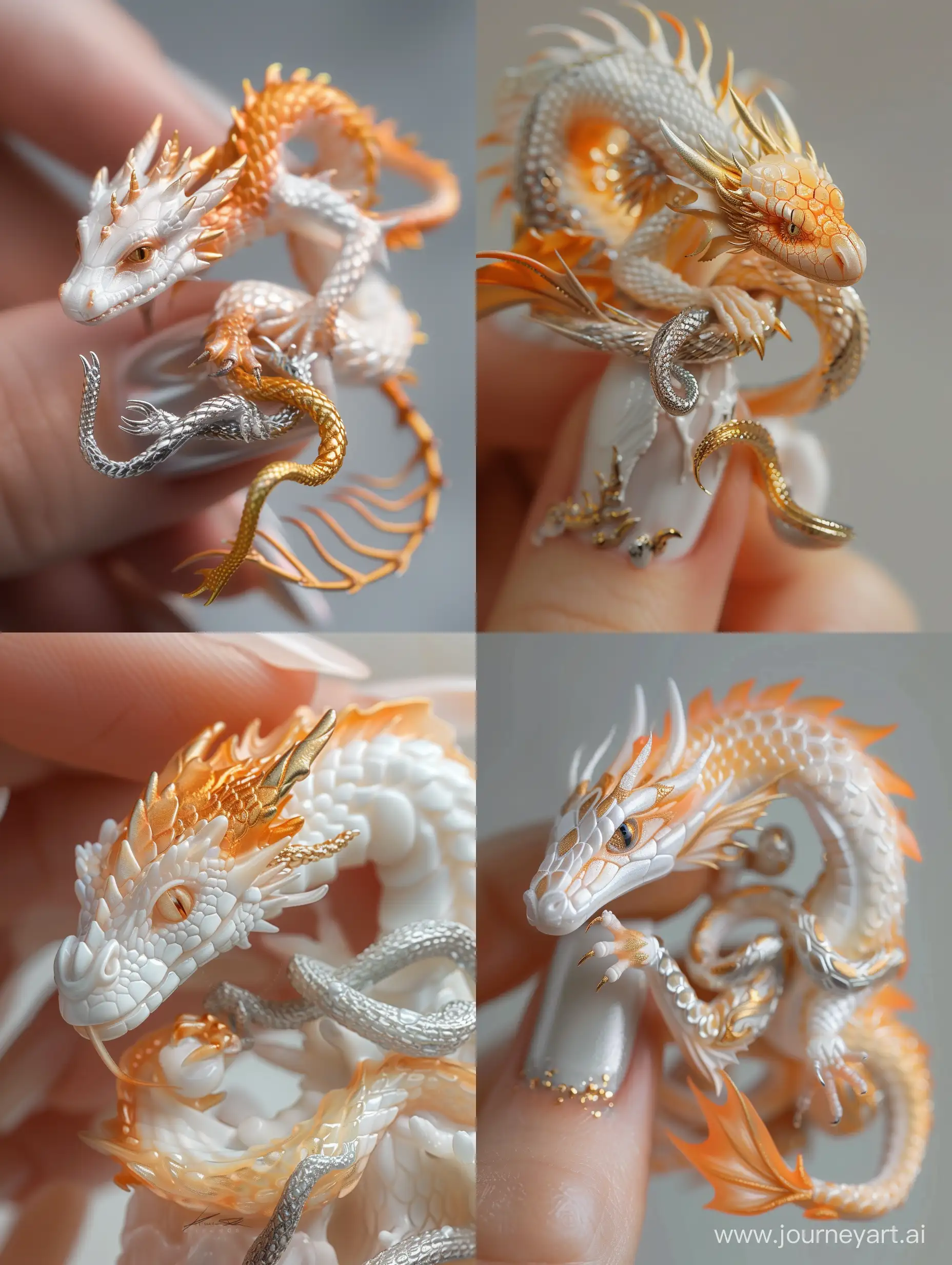 create image: close-up, miniature dragon with gold and silver snakes around a woman's finger, in the style of realistic hyper-detailed portraits, light white and light orange, realistic hyper-detail, magewave, precisionist lines