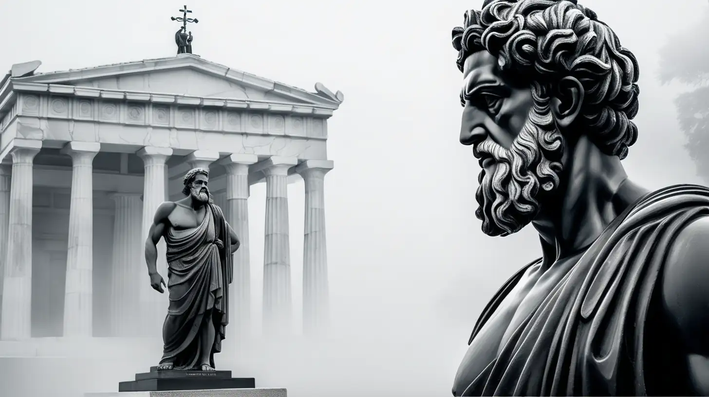 "Design a captivating scene featuring the head and upper part of the body of a Greek elder, presented as a black statue in a historic square. Surround the statue with fog, imparting an ancient and enigmatic ambiance. Focus on capturing the intricate details of the sculpted features, emphasizing the timeless artistry of this intriguing figure amidst the historic architecture."
