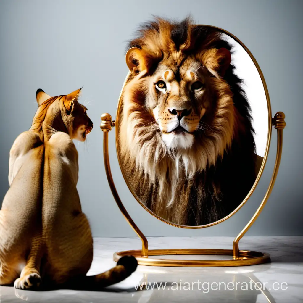 кот смотрится в зеркало а в зеркале отображается лев