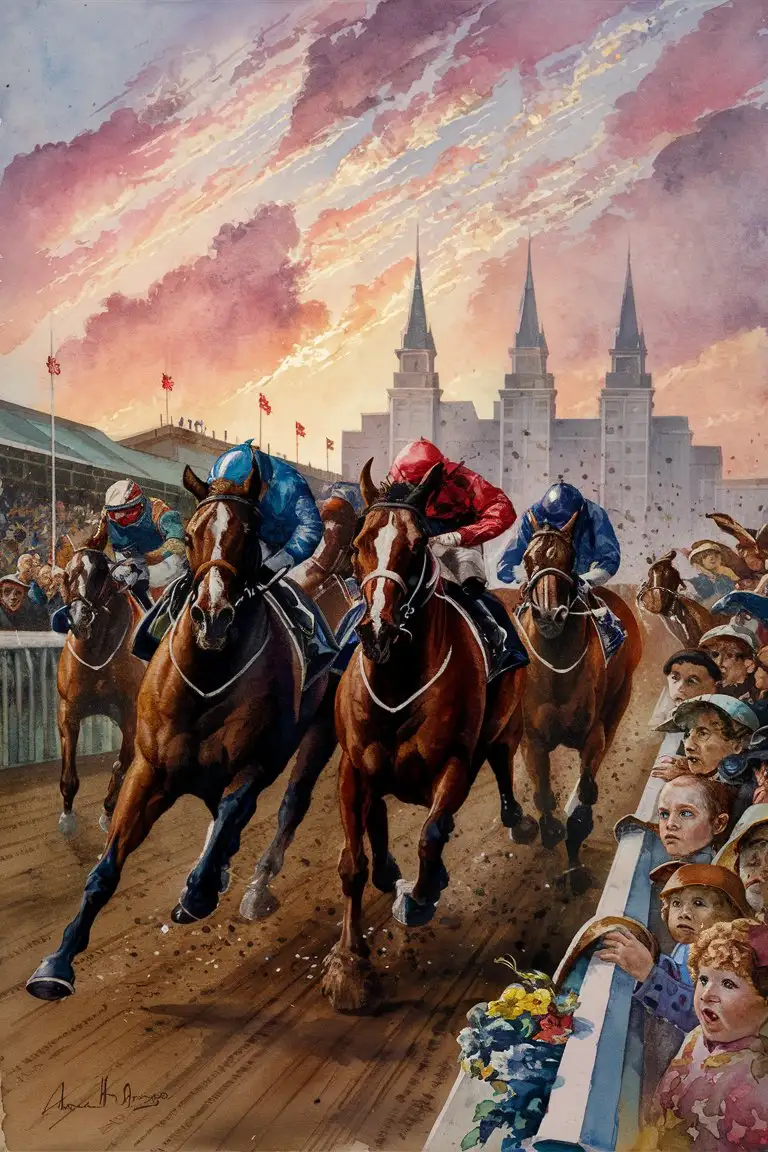Envision a painting by Winslow Homer capturing the spirited essence of the Kentucky Derby, rendered in his characteristic Realist style with a touch of American Impressionism. The scene unfolds in the late 19th century, featuring Homer's adept use of watercolor to convey the lively, almost palpable atmosphere of this quintessential American event. In the foreground, thoroughbred horses, depicted with remarkable attention to muscular detail and dynamic motion, charge towards the viewer, their coats shimmering with sweat and their manes whipping in the wind. Each horse is ridden by a jockey, whose colorful silks ripple and flutter, adding a burst of color against the more subdued tones of the track and the surrounding landscape. ...