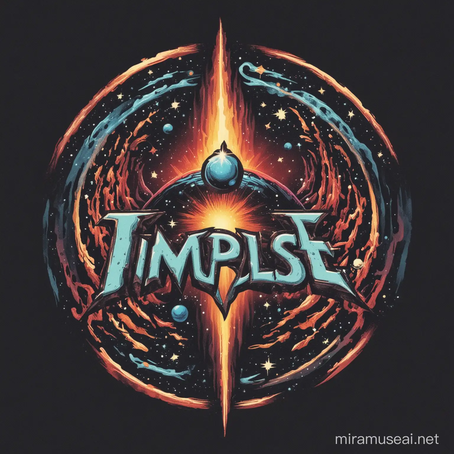 A band logo for a band called "Impulse". They play: hard blues rock, space rock, progressive rock and psychedelic rock. The logo shouldn't be too cluttered, but should stand out and convey a sense of grandeur.
