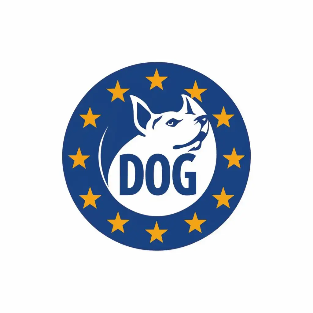 logo, dog, european union flag stars, typography