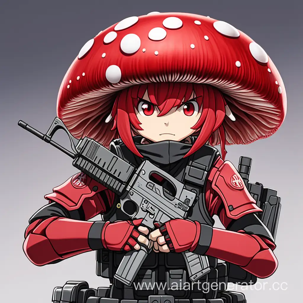 Anime 
Red mushroom boy with swat armor and gun
