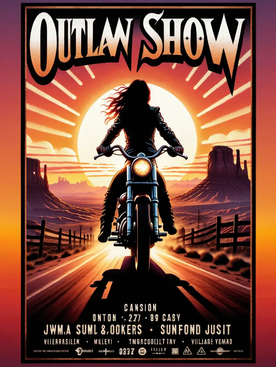 rock show poster for "outlaw" theme with an outline of the back of a female biker riding off towards a western sunset