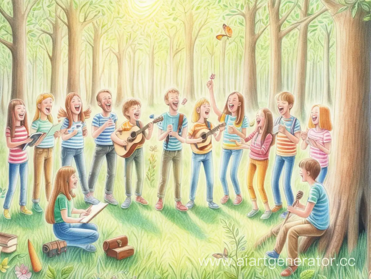 много счастливых людей поют песню на лесной поляне в солнечный день рисунок цветными карандашами