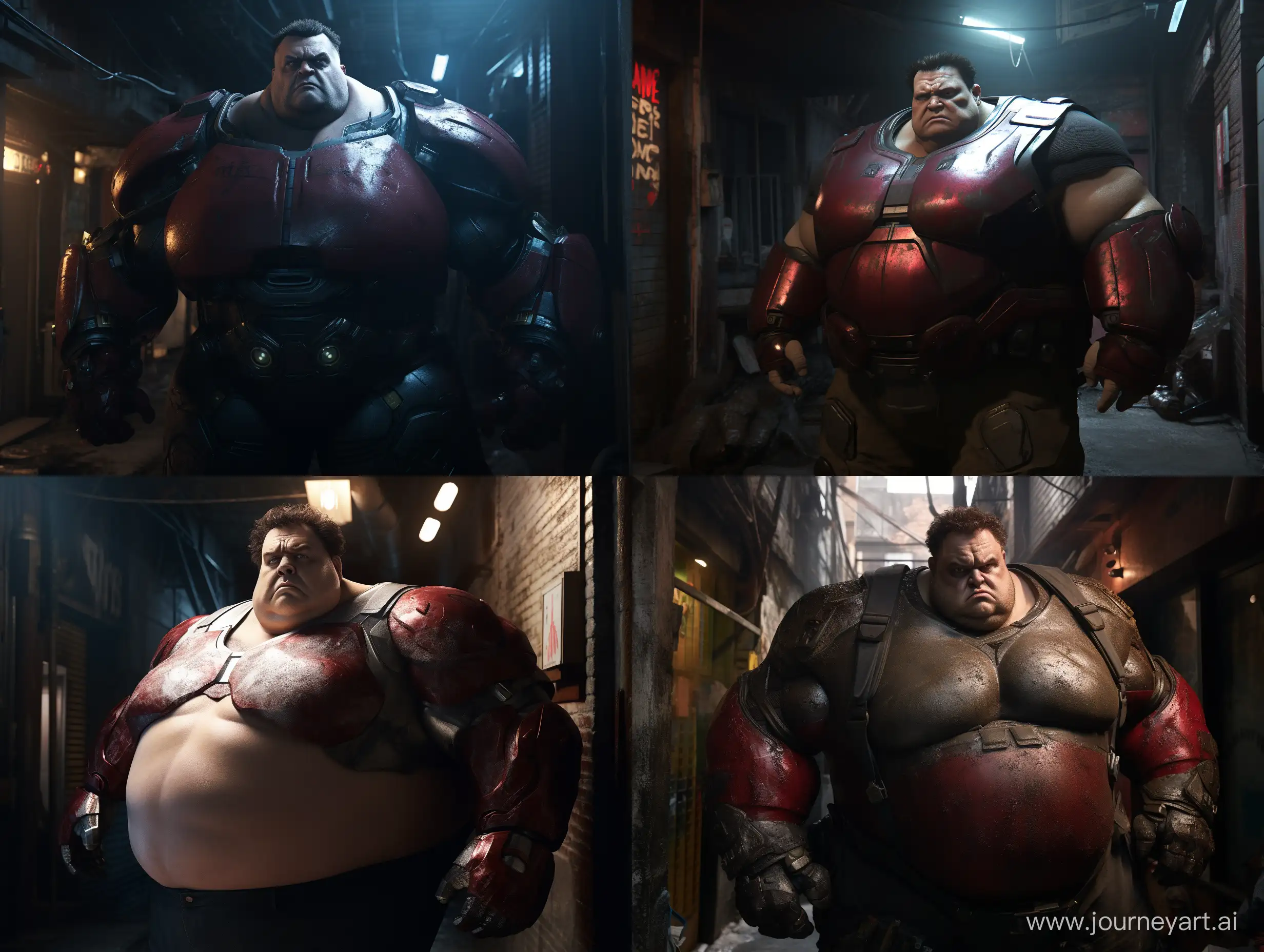 Very Fat Iron Man, looking at the camera, half body, with a huge belly, in an alleyway, realistic, cinematic lighting, --ar 4:3 --q 2