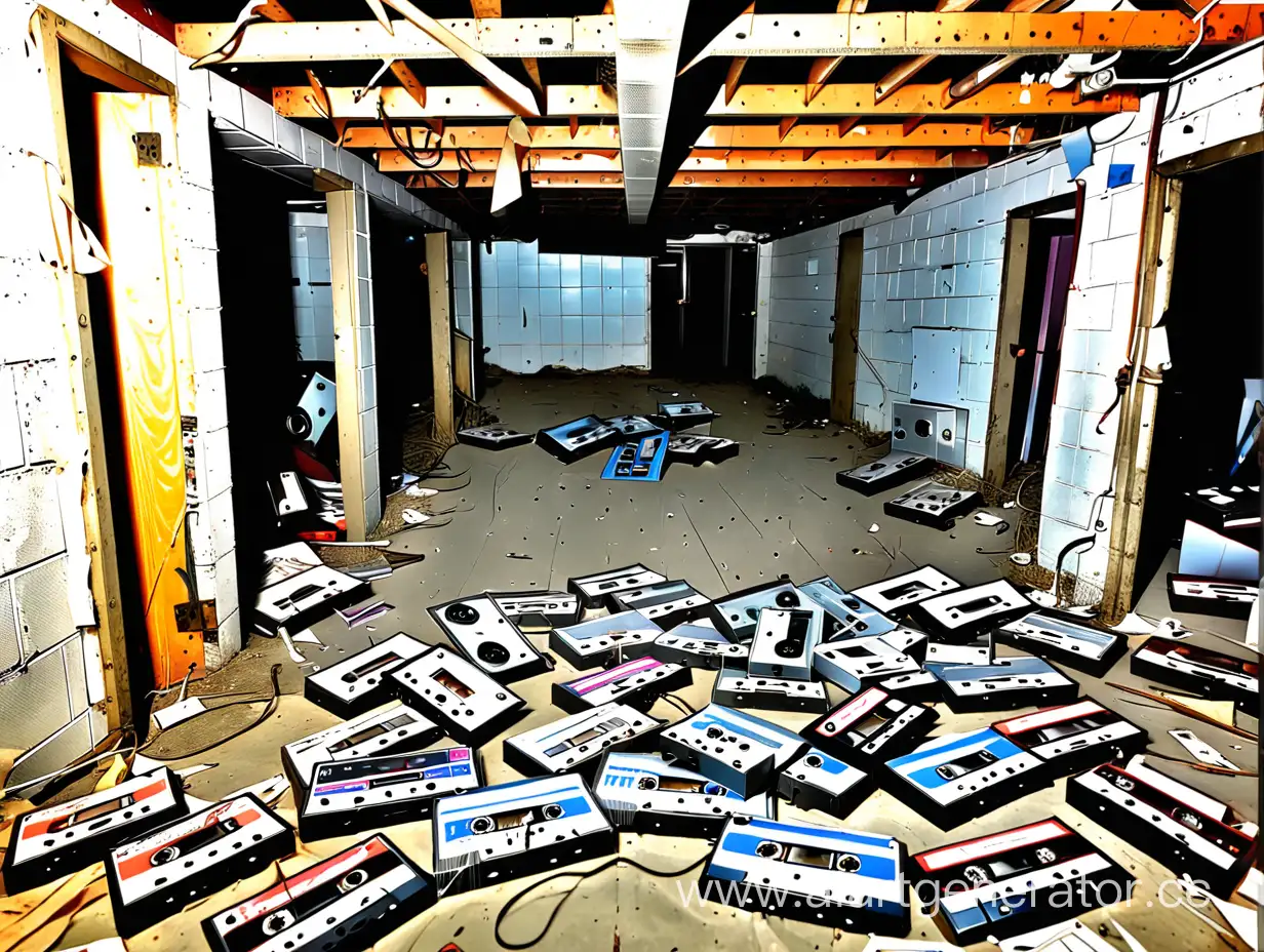 abandoned basement with cassettes 