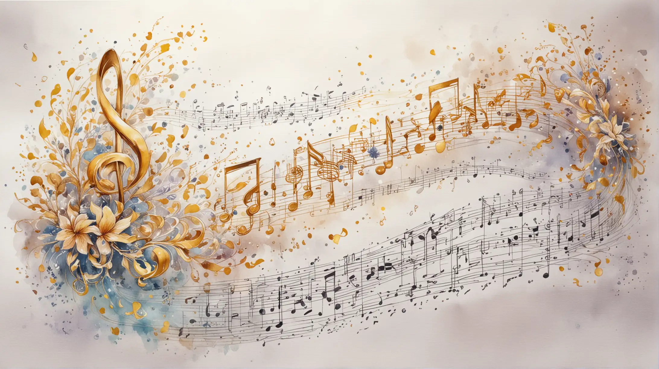 on a white background, painted in watercolor in anime style, curly sheet music with flying golden notes, spring waltz, inspiration, flight, fantasy