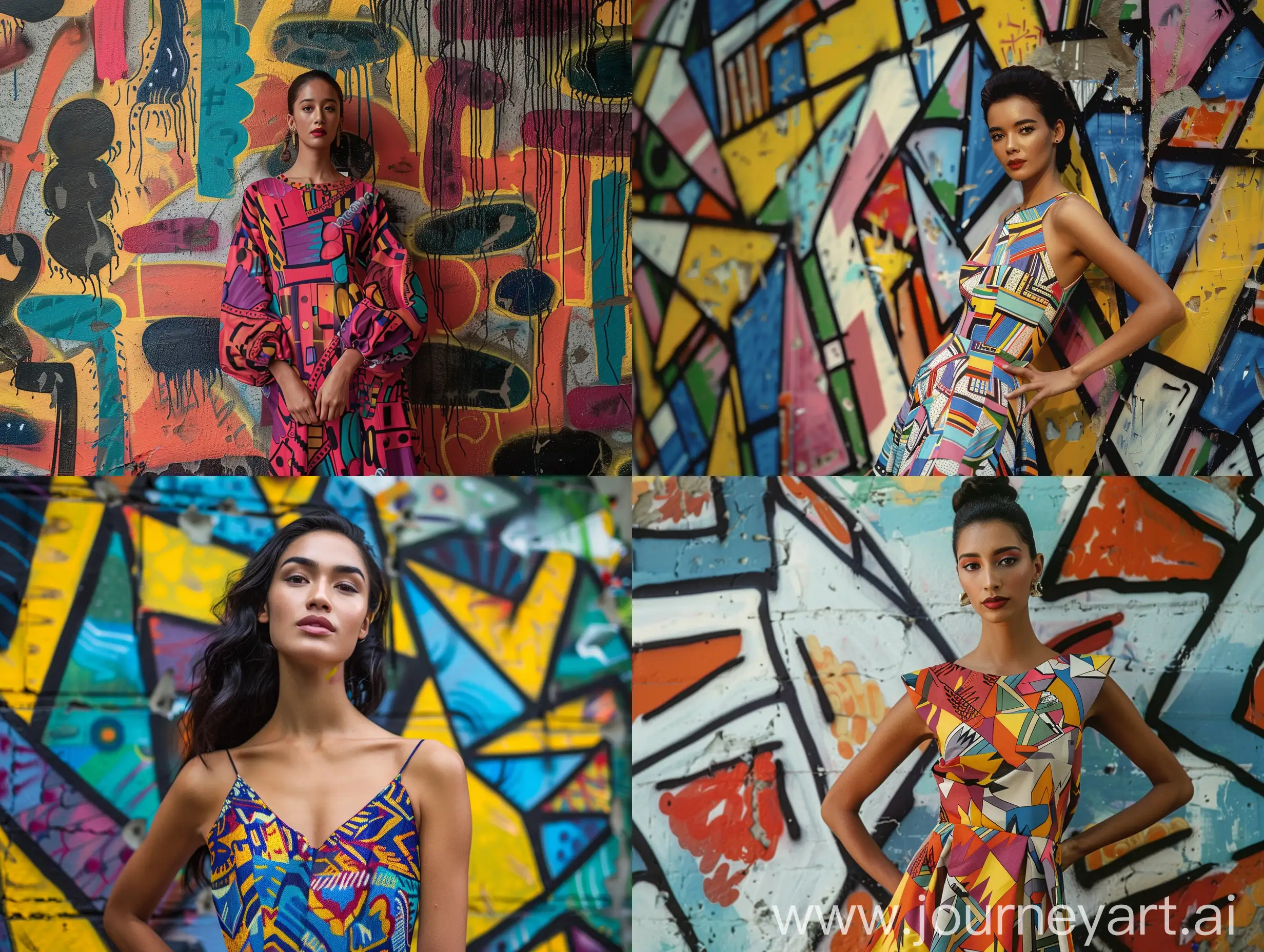 A 90s street photographer in Santiago portraits a confident model in front of abstract graffiti made only with straight and colorful shapes. The dress creates an amazing blend in color and form, intricate details, tokyo fashion week