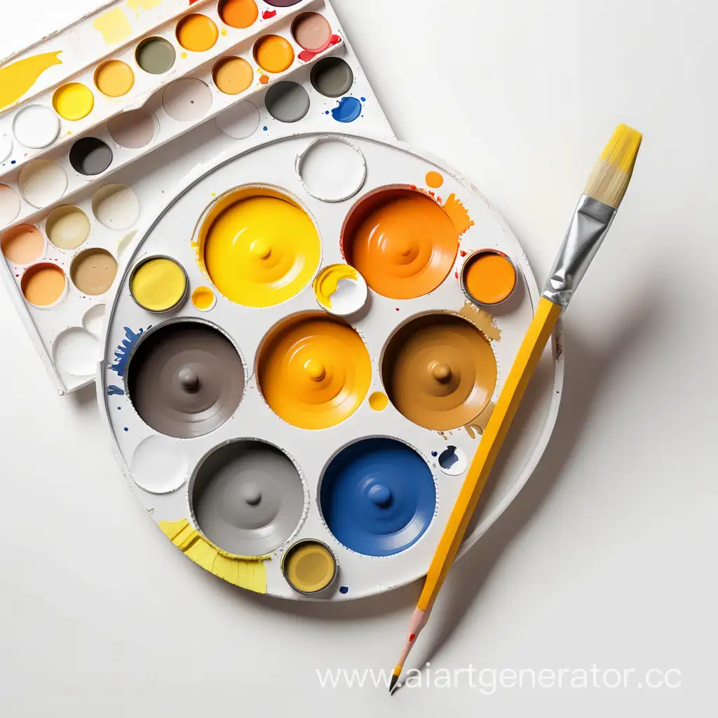 Vibrant-Artistic-Palette-with-Paints-Yellow-Pencil-and-Brush-on-a-Clean-White-Background