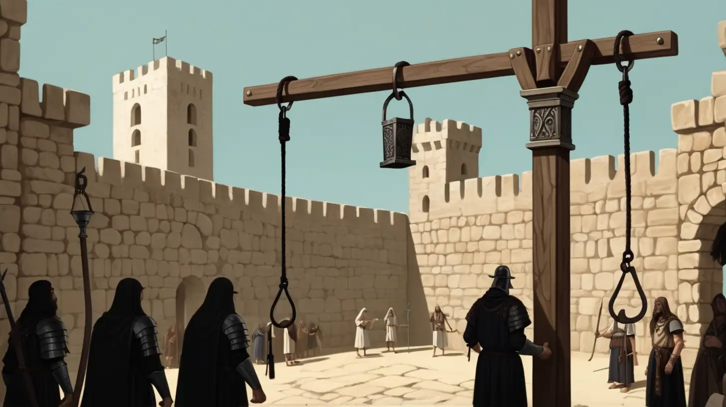 Biblical Era Executioner Waits Beside Gallows in Fortified City Square