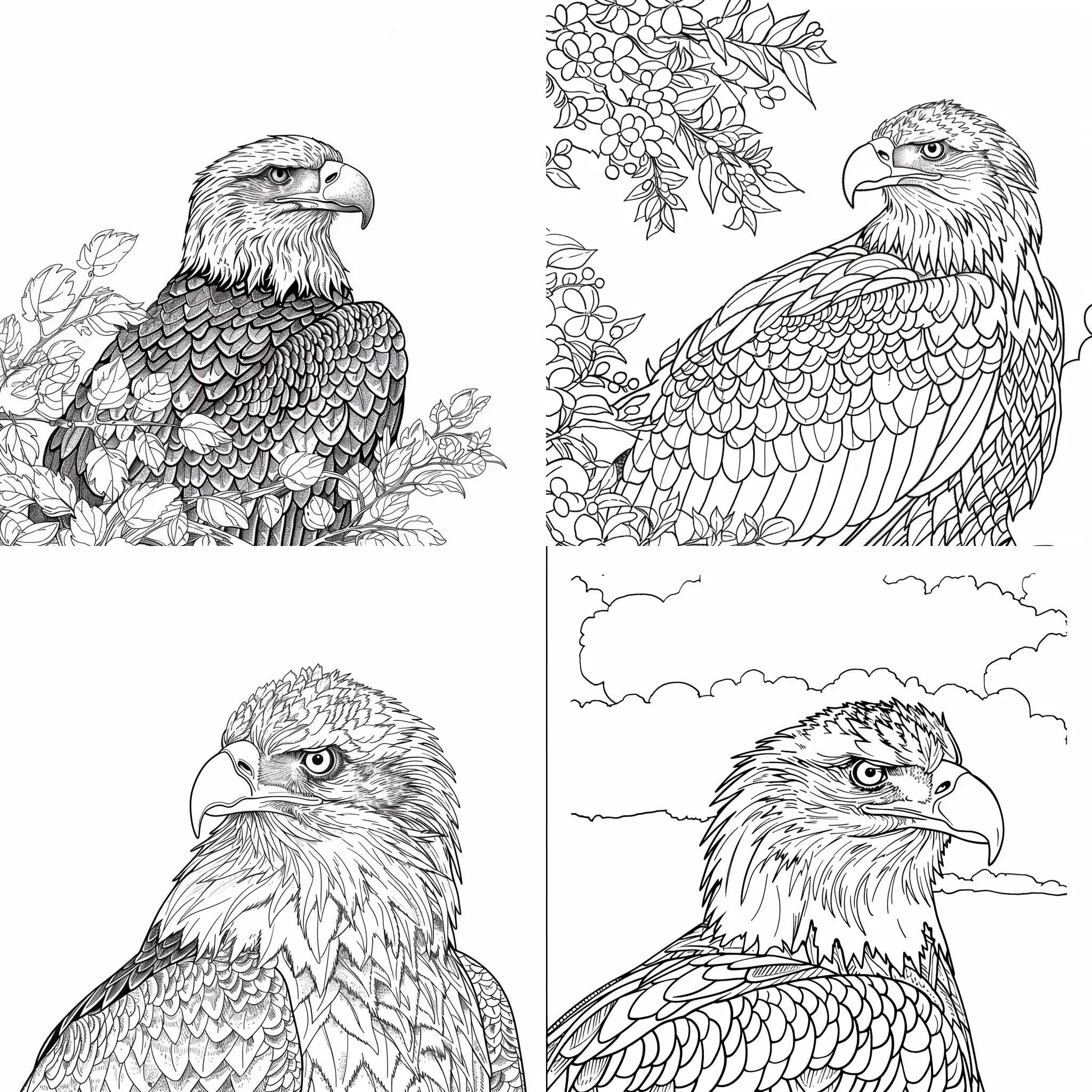 imagine a coloring book page, no background, with an American Eagle