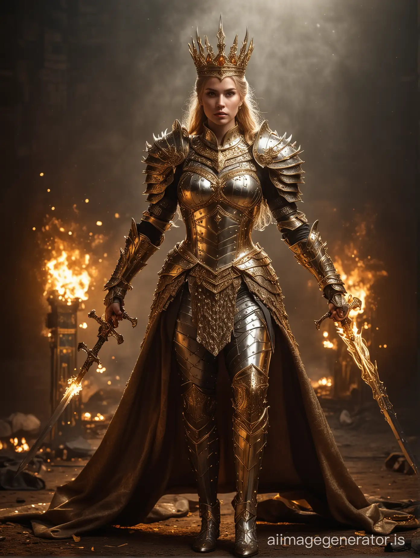 photography full body image of a beautiful queen wearing luxurious steel armor with golden decorations, playing sword king a golden-colored with decorative metalcraft,fire flames, she on standing and exciting expression on battle grounds, army group following run from backside, surrounded by magical lights and effects, dragons flying fire with more details
