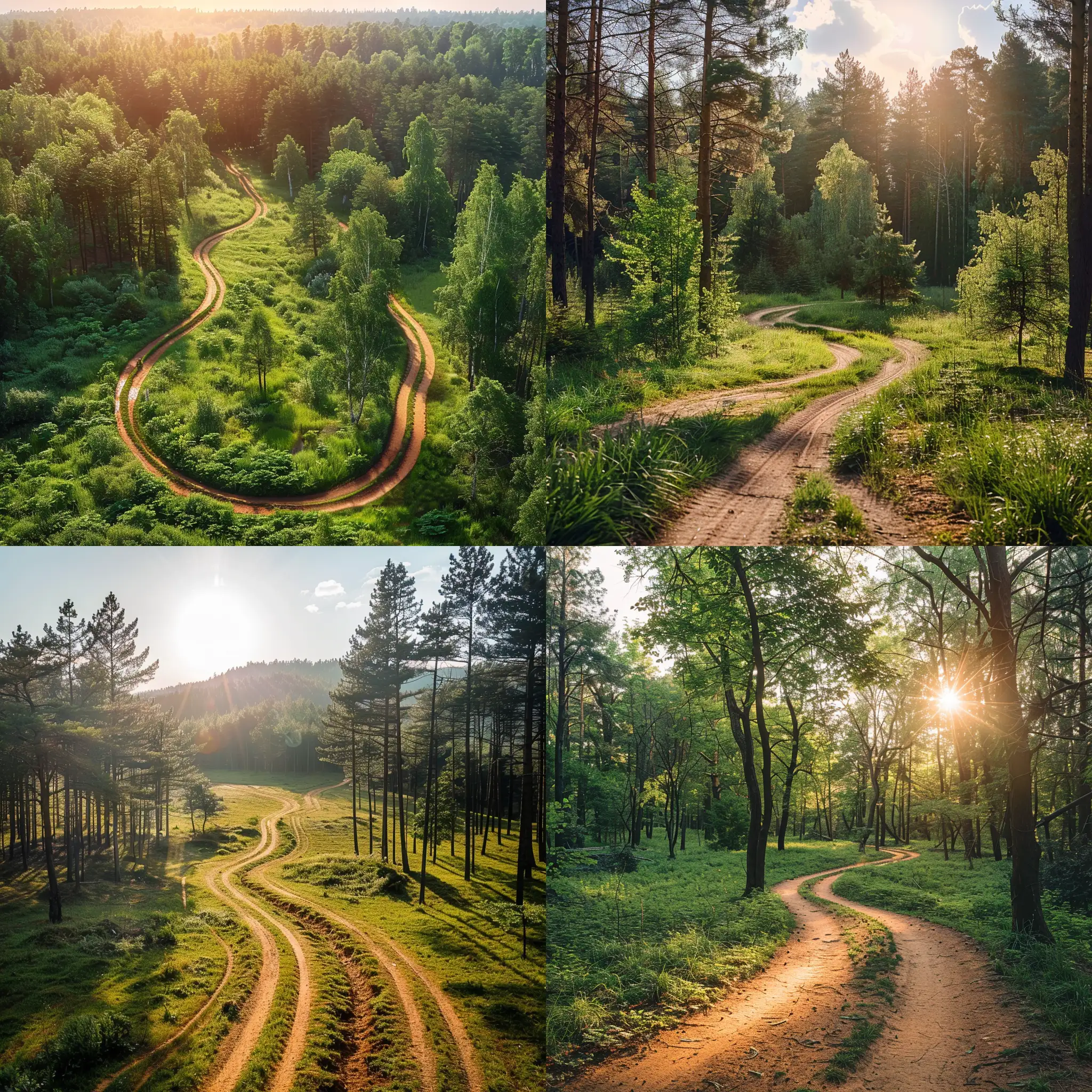 forest clearing sunny landscape with curvy dirt road in the middle