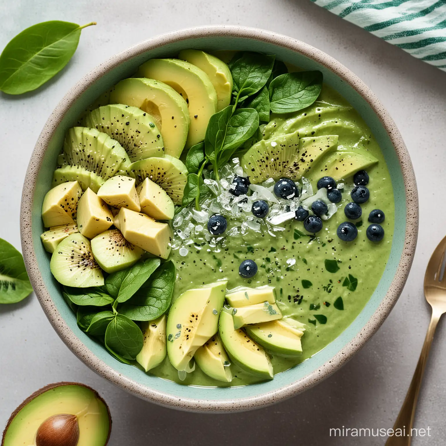 smoothie bowl with avocado chunks, spinach leaves, kiwi and ice