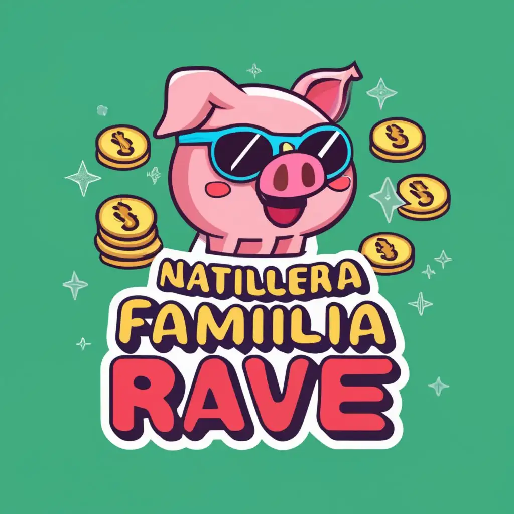logo, cute pig and money with transparent background, with the text "Natillera Familia Rave", typography