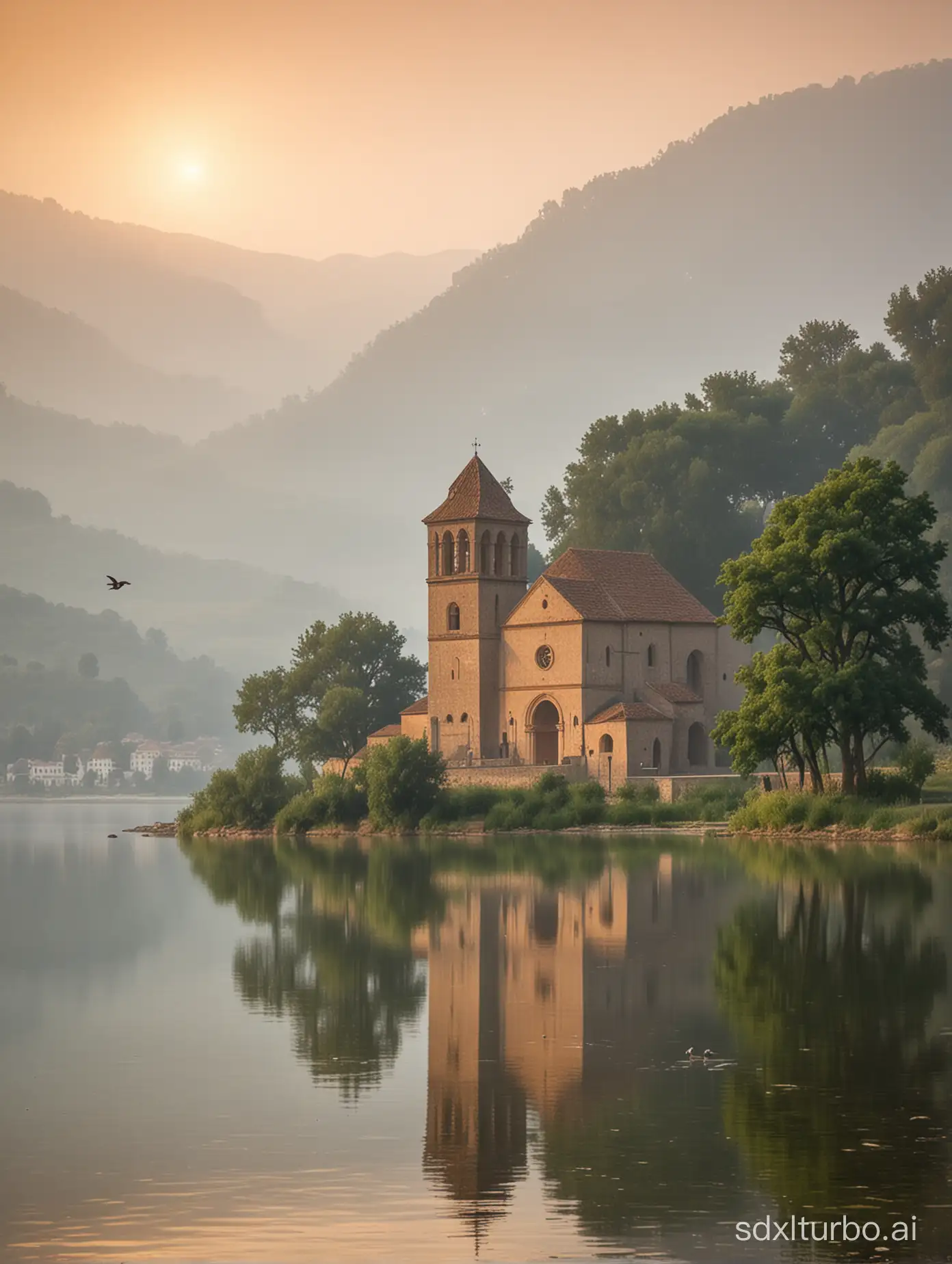 tree, lake, summer, foggy, sunrise, mountains, Early Romanesque round church, ancient Roman villa, palace with arcades, birds in the sky