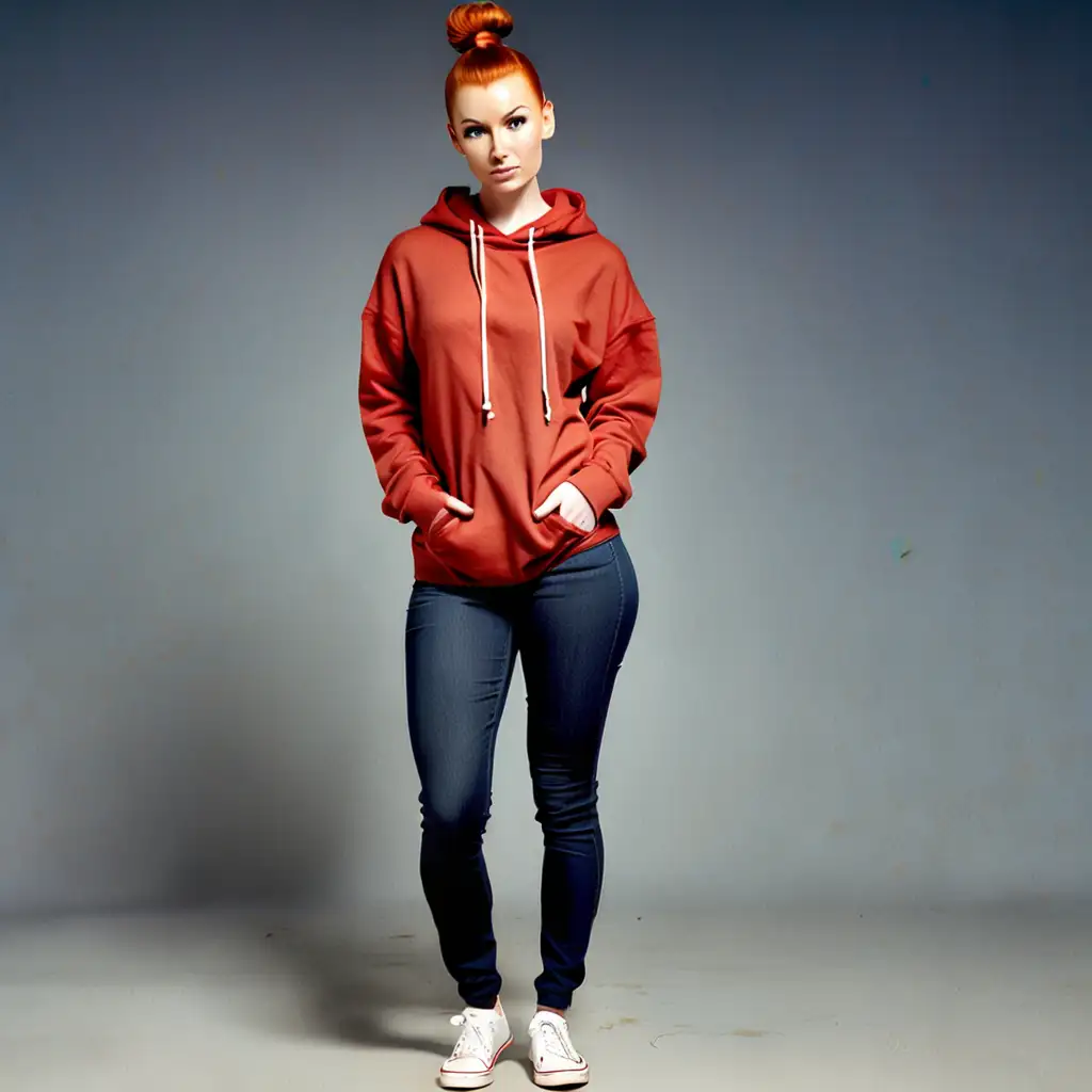 An attractive 30 year old, thick, petite redheaded white female with tight, sleek high top knot bun, ginger hair, thick, heavy freckles, long oblong-shaped female head, thicc body build, red tight-fitting pullover hoodie, dark blue skinny jeans, well-detailed, full body