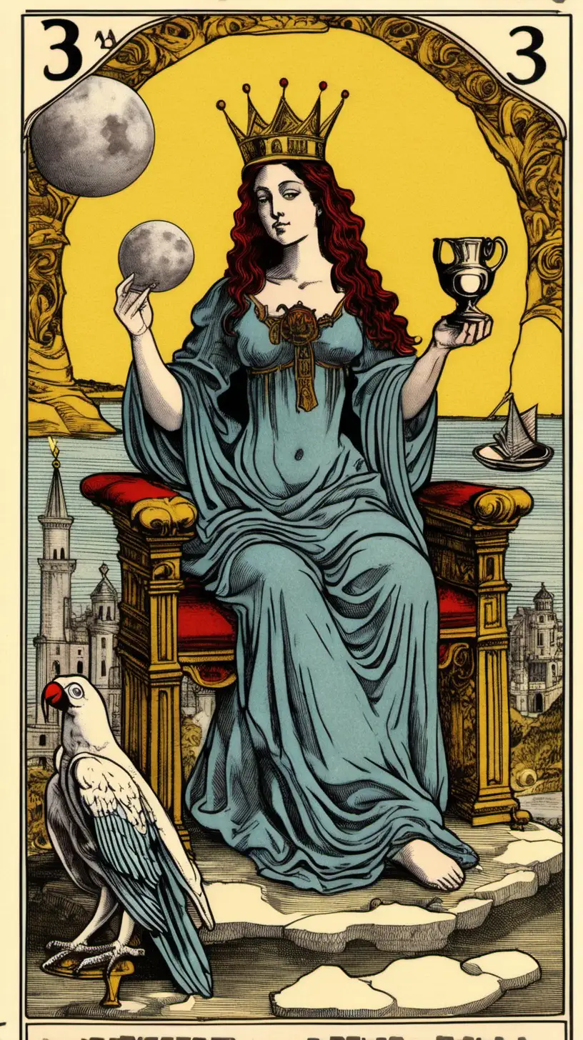 A Tarot of Marseilles card holding number 3, showing an empress with a parrot on her shoulder, she holds a closed fist, clothed with the sun and with the moon under her feet, sitting on her throne next to a bowl of ashes, her crown is a basin, there is a broken cup on the floor and a castle on the background, there is also a cupid, it's an iced landscape with a large sailing vessel