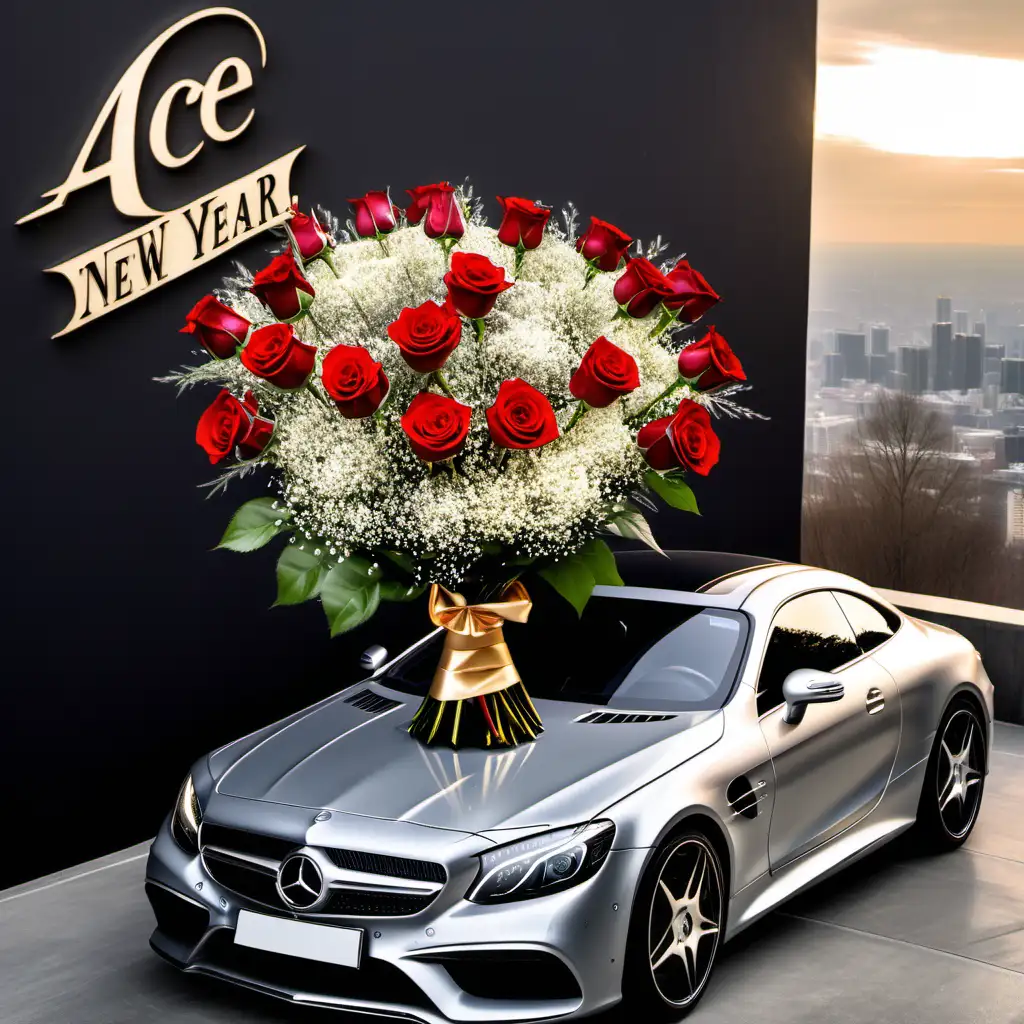 Happy New Year  from Ace in the sky above with Mercedes Benz and a 3 dozen rose bouquet and a bottle of champagne 