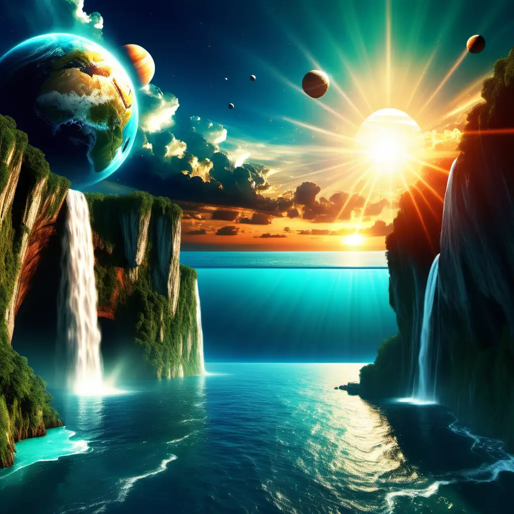 Planets in the sky, clouds, waterfall, earth, the sun is bright, sunset, turquoise sky over the sea