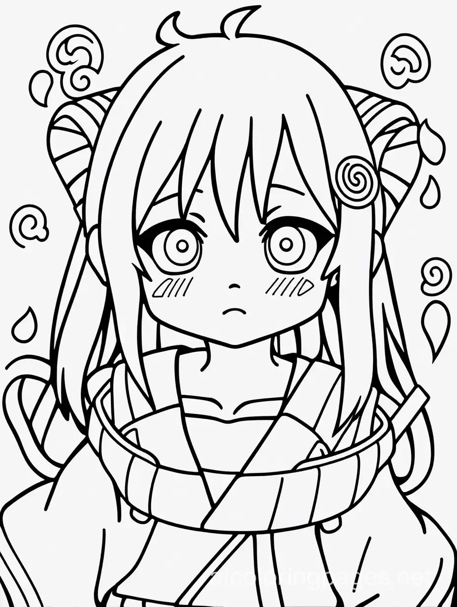 Anime narutomaki , Coloring Page, black and white, line art, white background, Simplicity, Ample White Space. The background of the coloring page is plain white to make it easy for young children to color within the lines. The outlines of all the subjects are easy to distinguish, making it simple for kids to color without too much difficulty