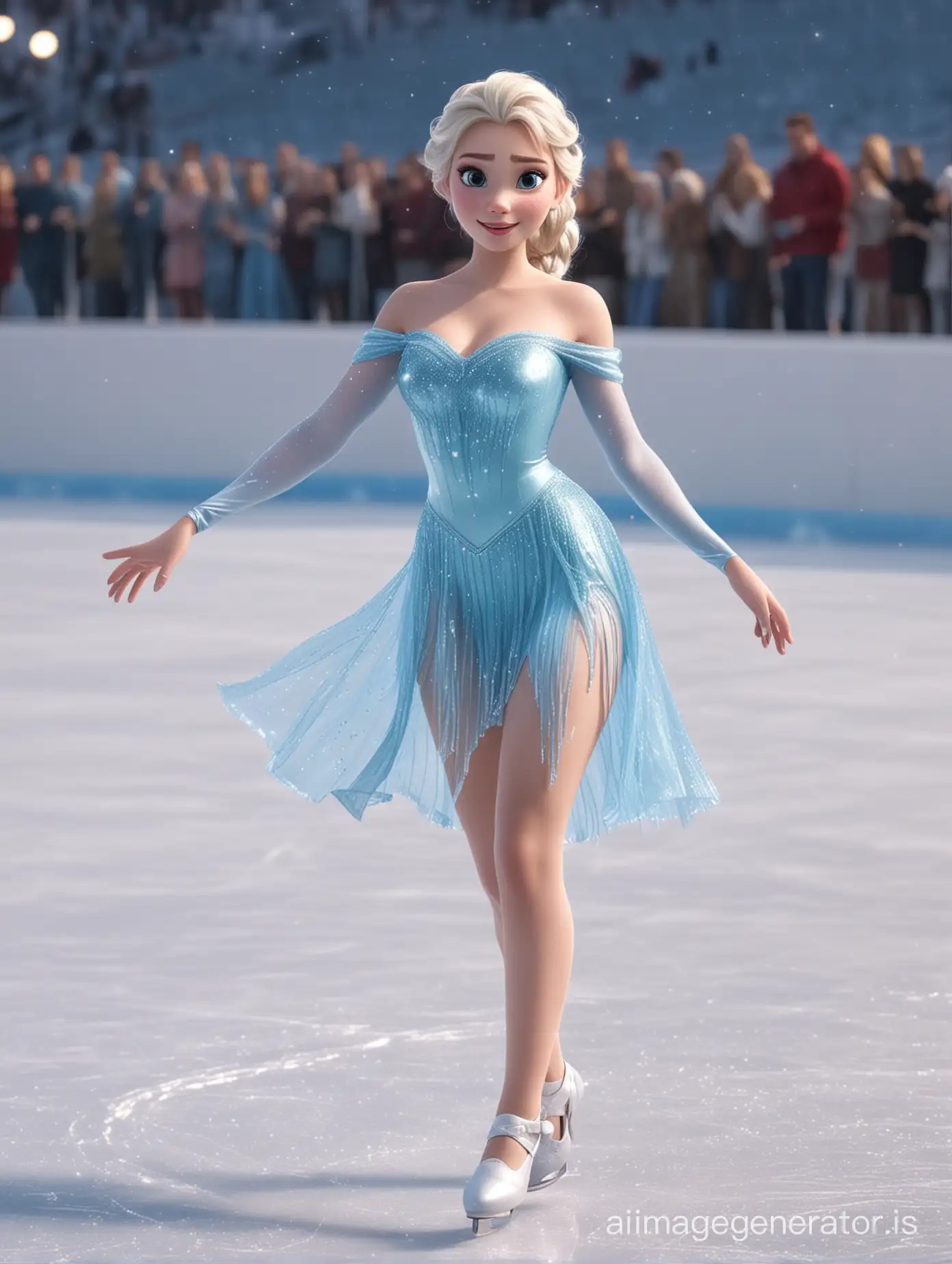 Disney animation style, sexy Elsa with a sexy short ice blue shiny spandex dress on an ice skating rink with many spectators, long hair, hair braid, white figure skating shoes, 8k, detailed, high definition, ultra detailed, very attractive, very cute, 8k