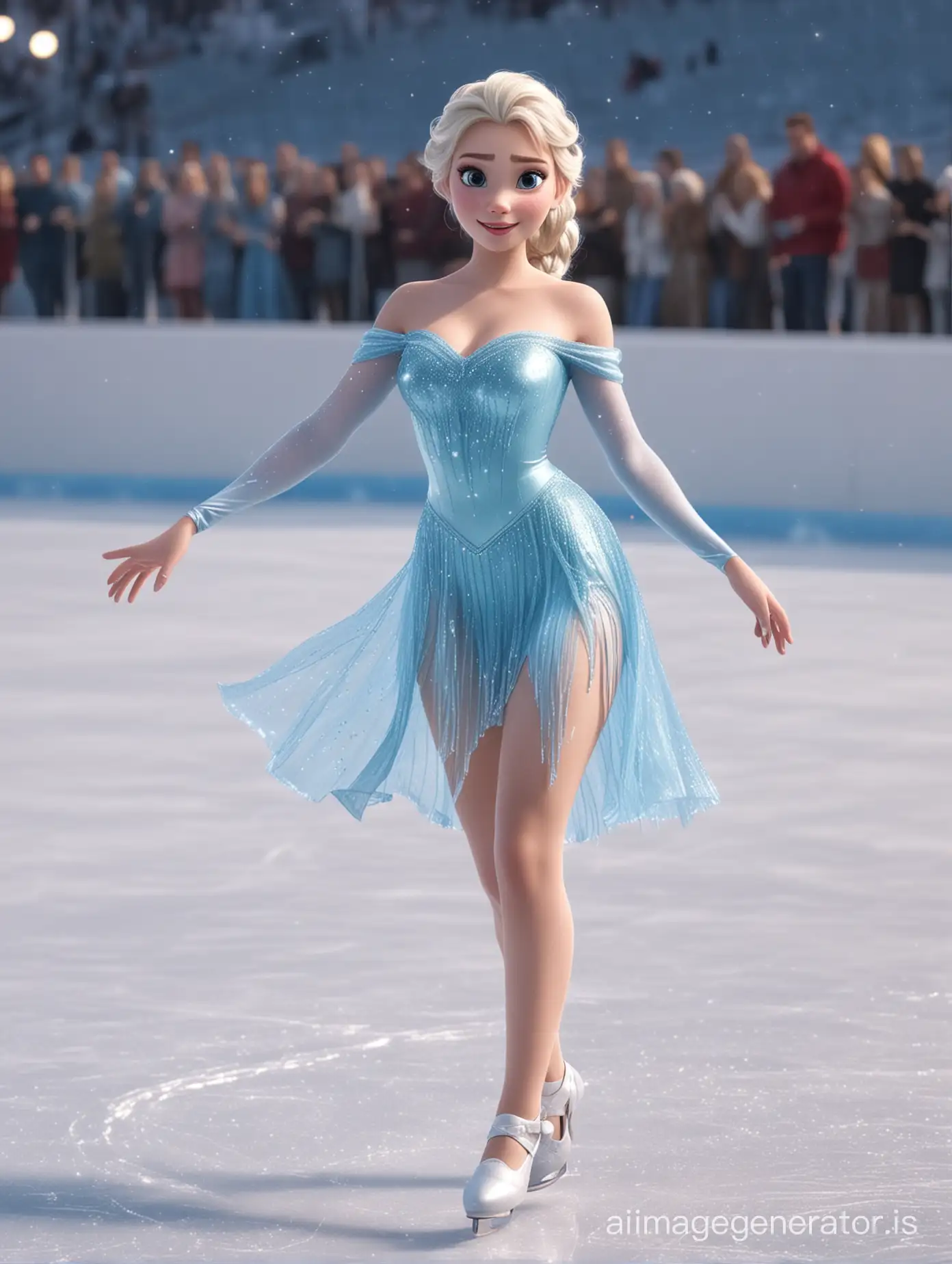 Disney animation style,sexy  elsa with a sexy short iceblue shiny spandex dress on an ice skating rink with many spectators, long hair, hair braid,  white figure skating shoes, 8k, detailed, high definition, ultra detailed, very attractive, very cute, 8k