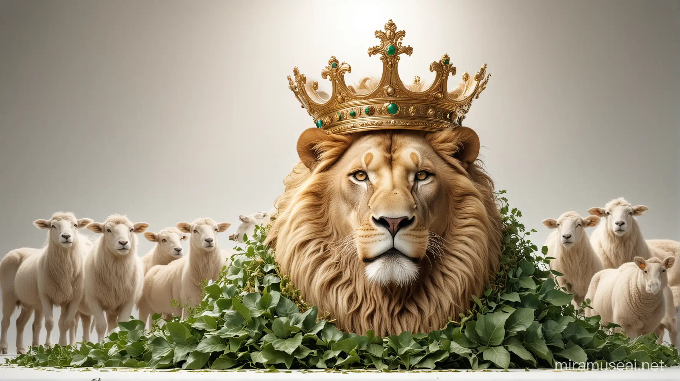 Regal Lion with Crown Surrounded by Greenery