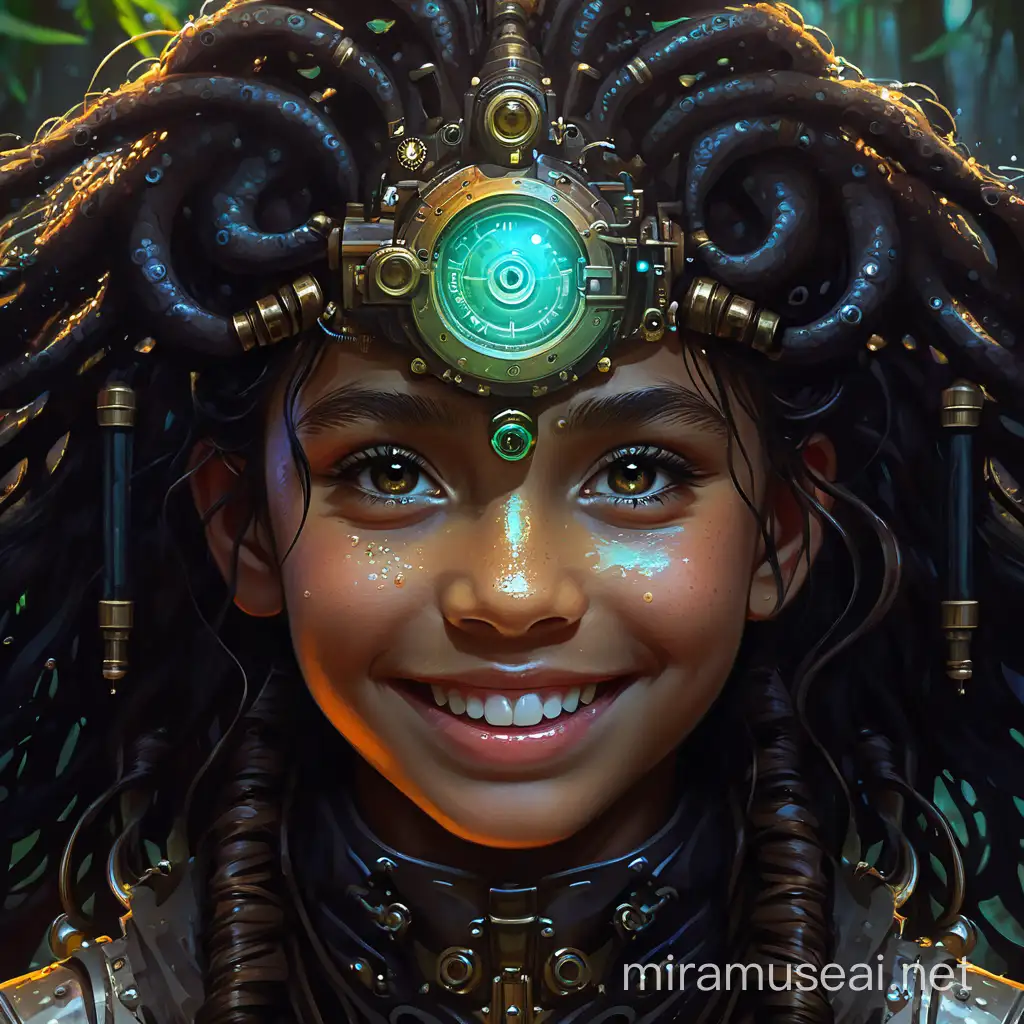 Smiling Cyborg Girl in Dark Swamp Steampunk Art with Ultra Fine Details